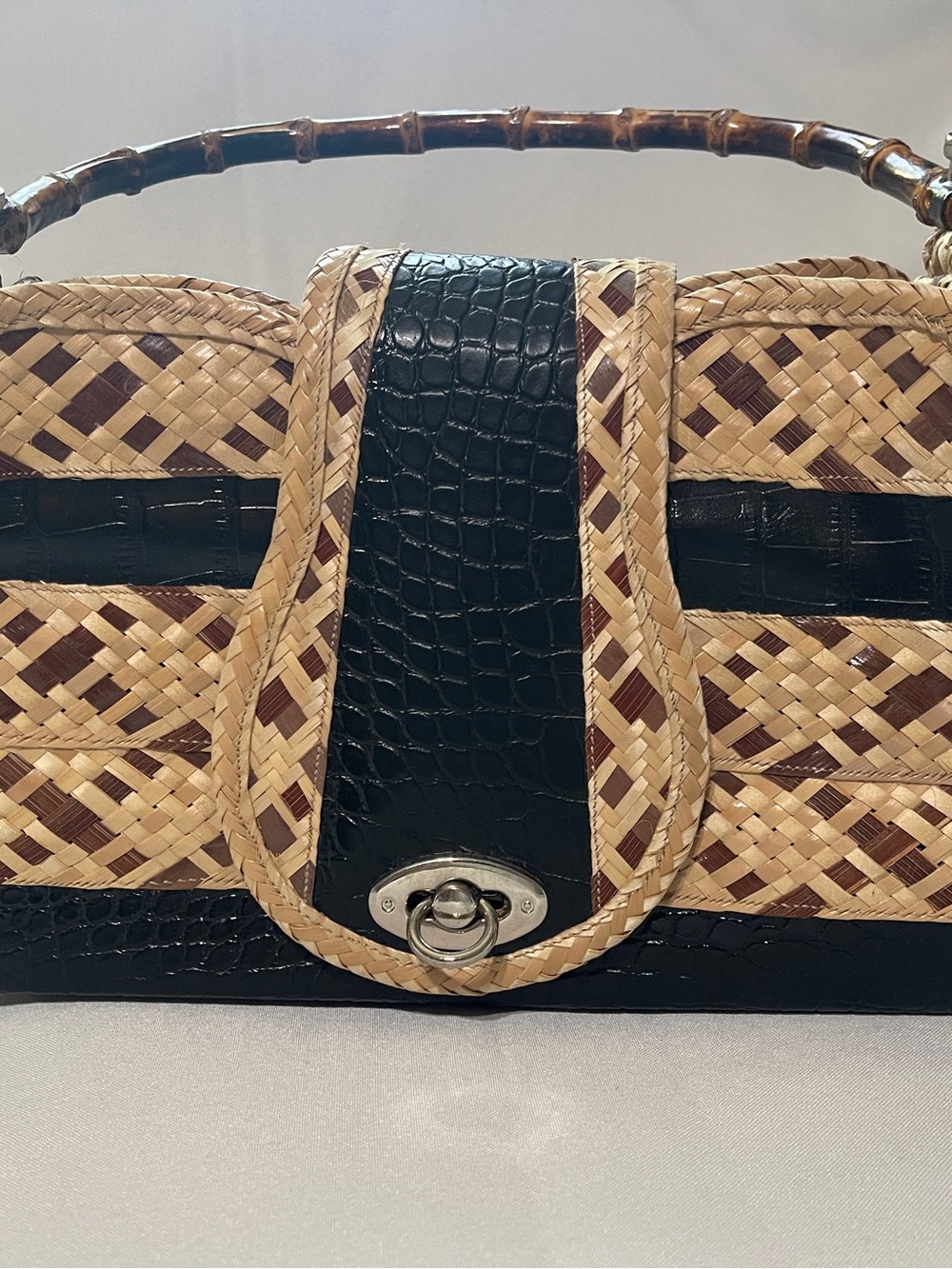 Hand Crafted Black and Tan Woven Shoulder Bag with Croc-Effect from Bahamas